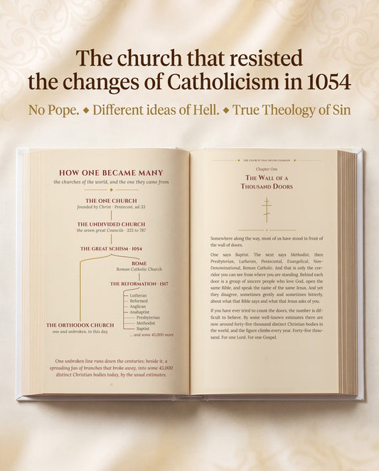 The church that resisted the changes of Catholicism in 1054 - the book open to the How One Became Many diagram facing Chapter One
