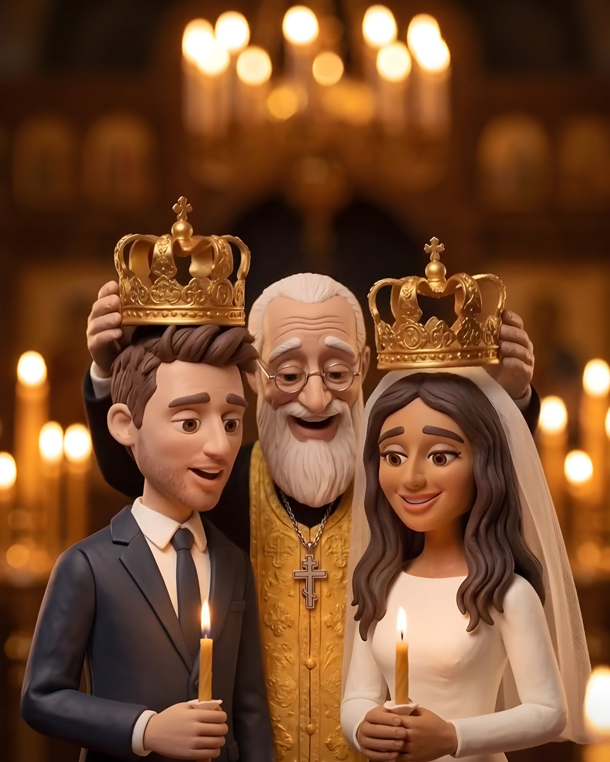 Her grandfather puts the wedding crowns on their heads