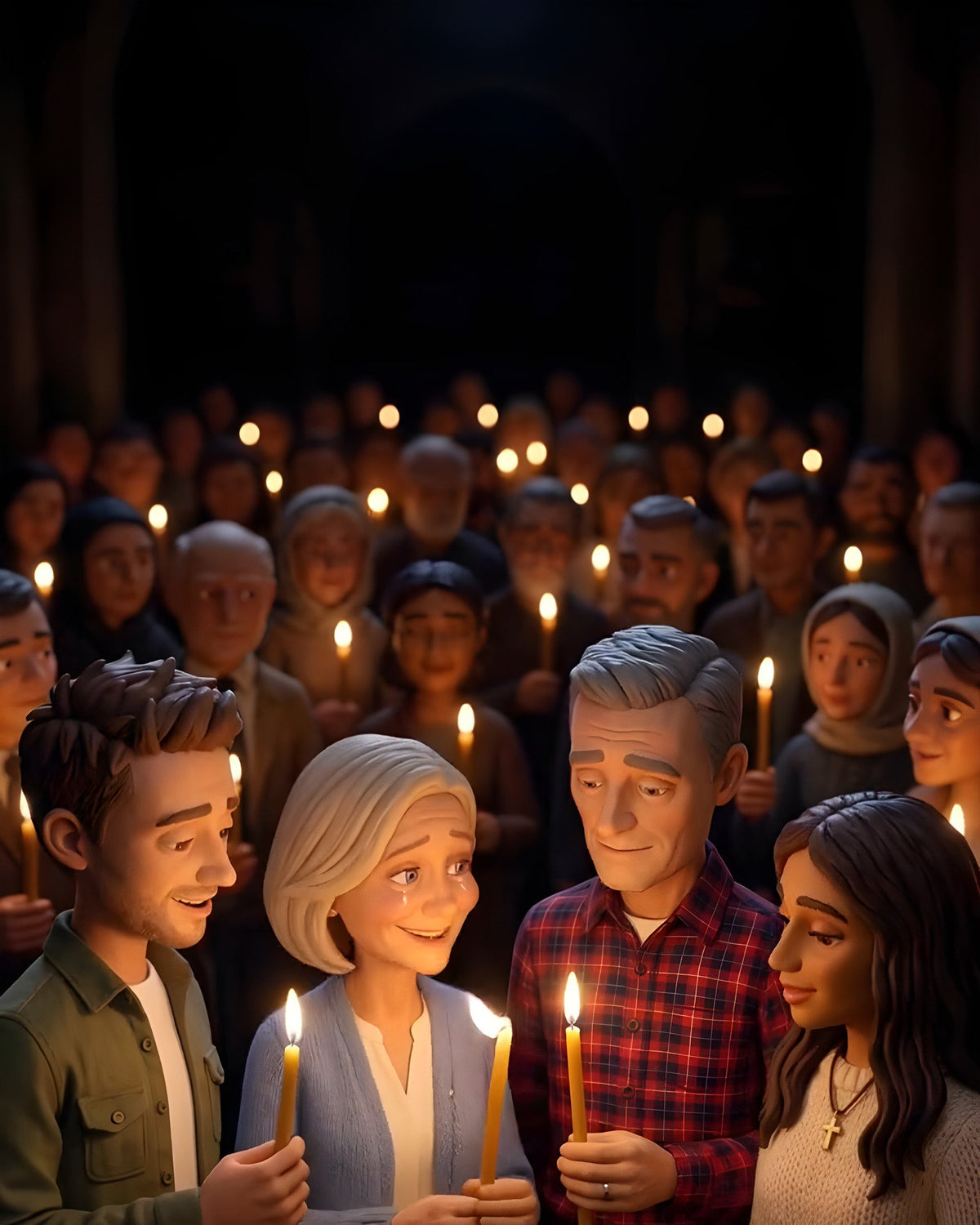 The family holding candles at Easter midnight