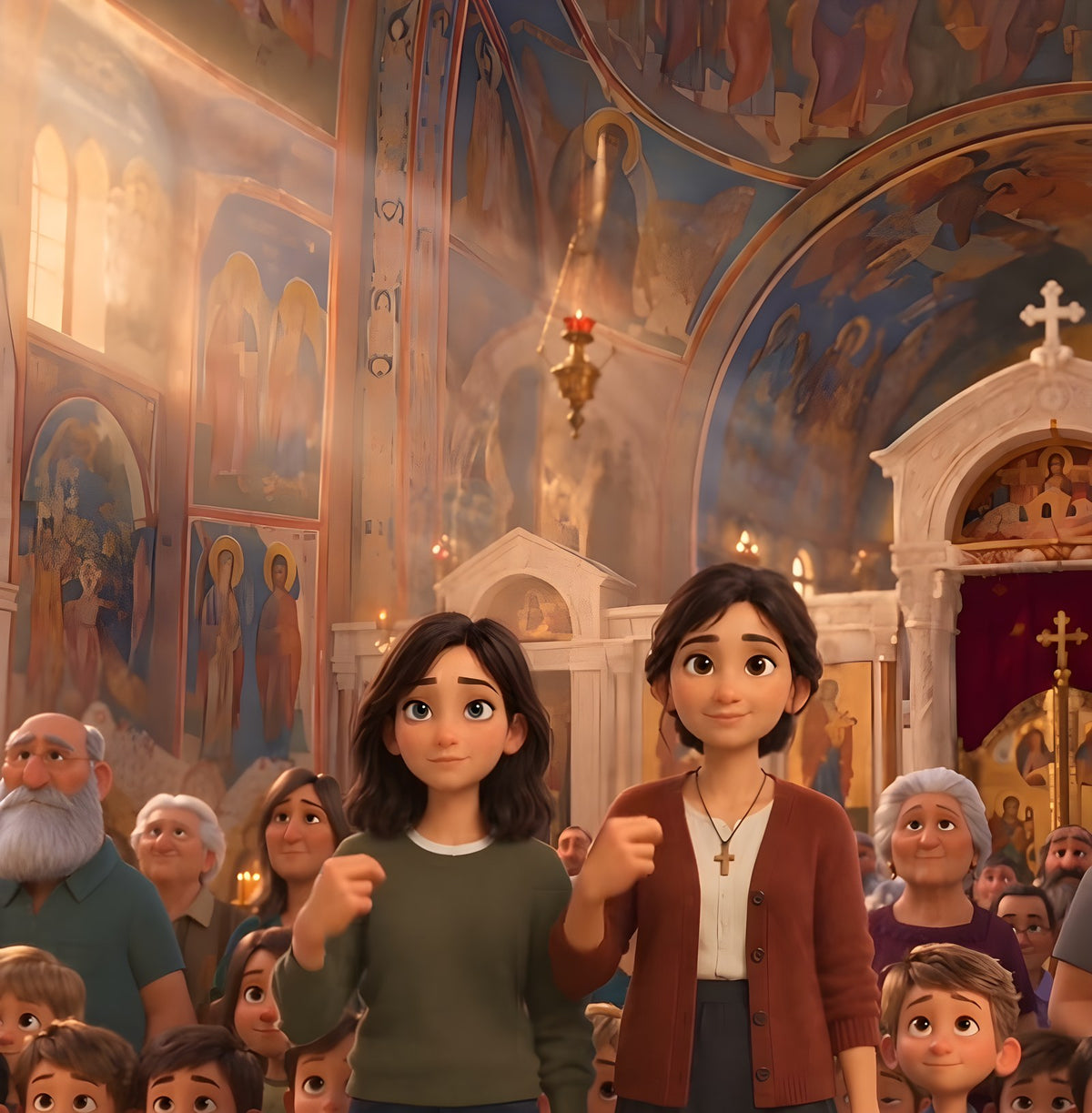 Her and her friend in the church on a Sunday