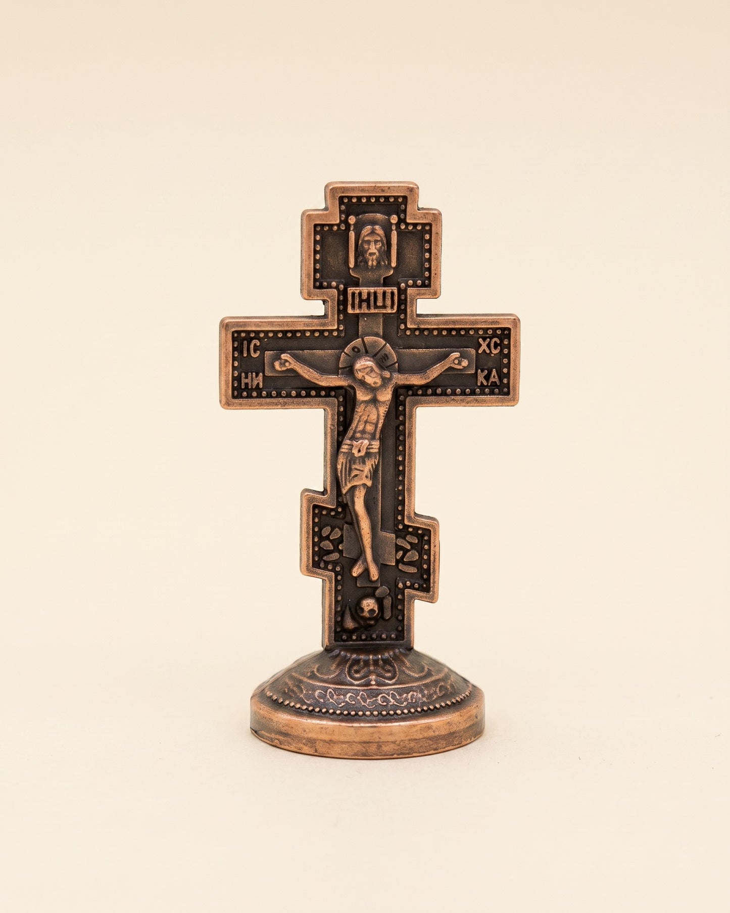 Small standing Orthodox three bar cross in antiqued bronze