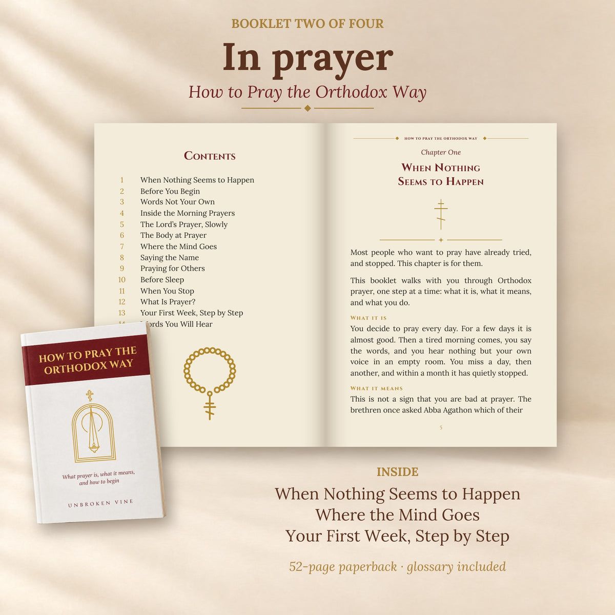 How to Pray the Orthodox Way: an open spread and the booklet
