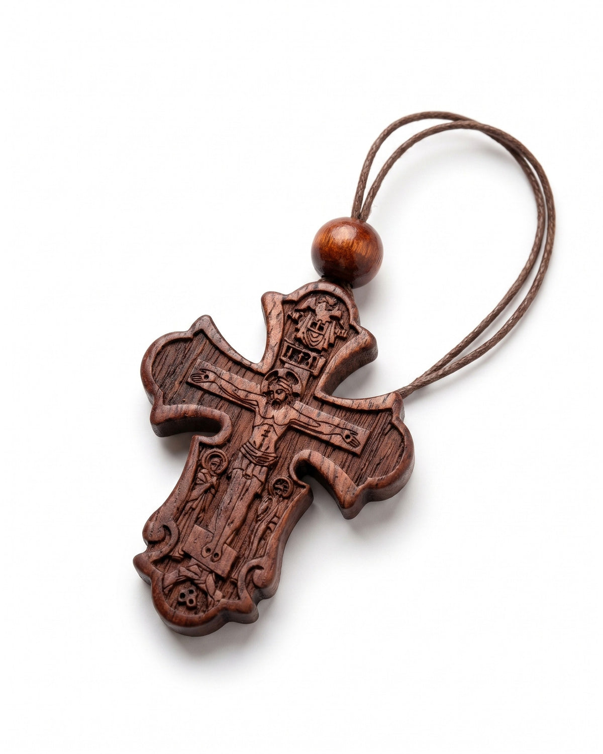 Carved Orthodox wooden cross necklace with wooden bead and brown cord