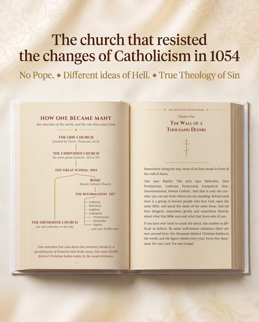 The church that resisted the changes of Catholicism in 1054 - the book open to the How One Became Many diagram facing Chapter One