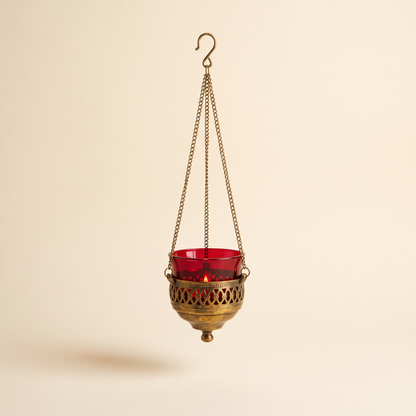 Hanging vigil lamp in ruby glass and brass