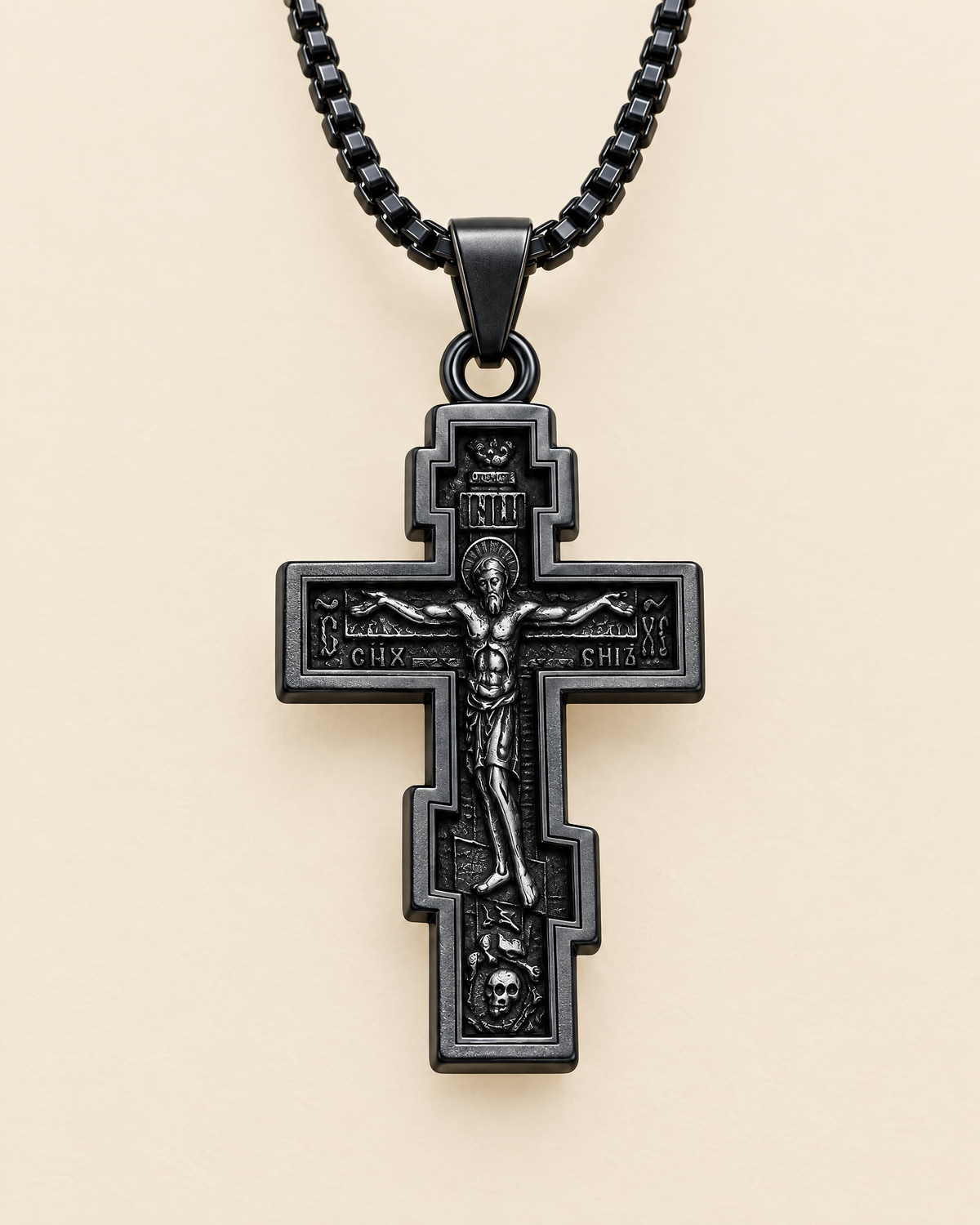 Black stainless steel Orthodox cross pendant on its chain