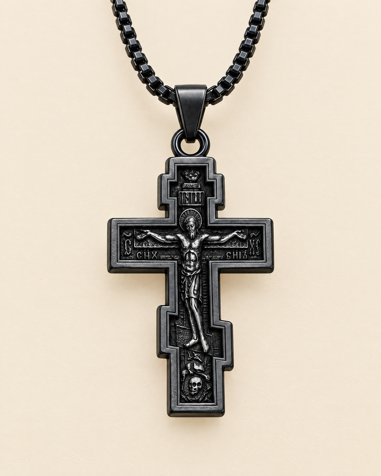 Black stainless steel Orthodox cross pendant on its chain