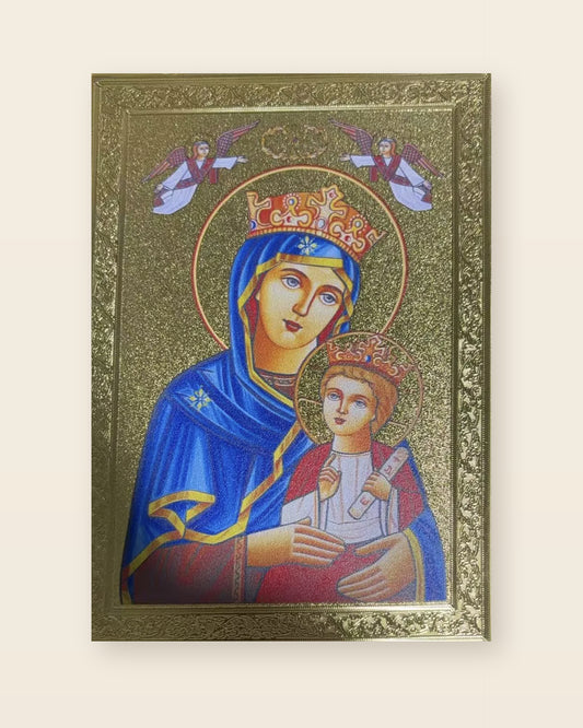 Gold relief icon of the Mother of God crowned, holding the Christ Child, with an archangel at each shoulder, in an ornate embossed frame