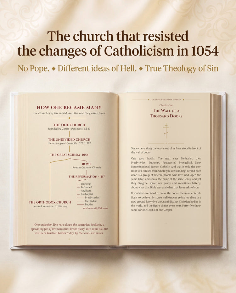 The church that resisted the changes of Catholicism in 1054 - the book open to the How One Became Many diagram facing Chapter One