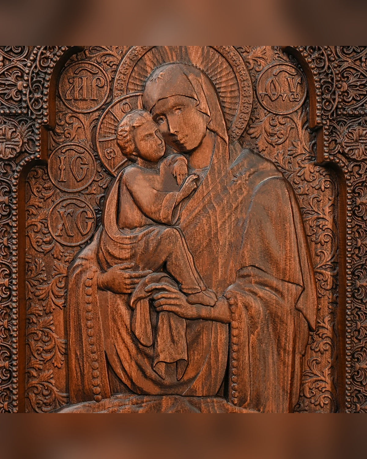 Detail of the Mother of God and Christ Child in carved relief