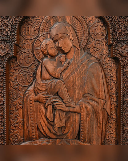 Detail of the Mother of God and Christ Child in carved relief