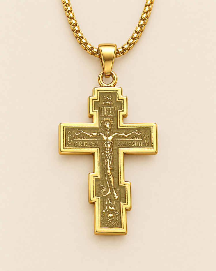 Gold stainless steel Orthodox cross pendant, solid gold tone, on its chain