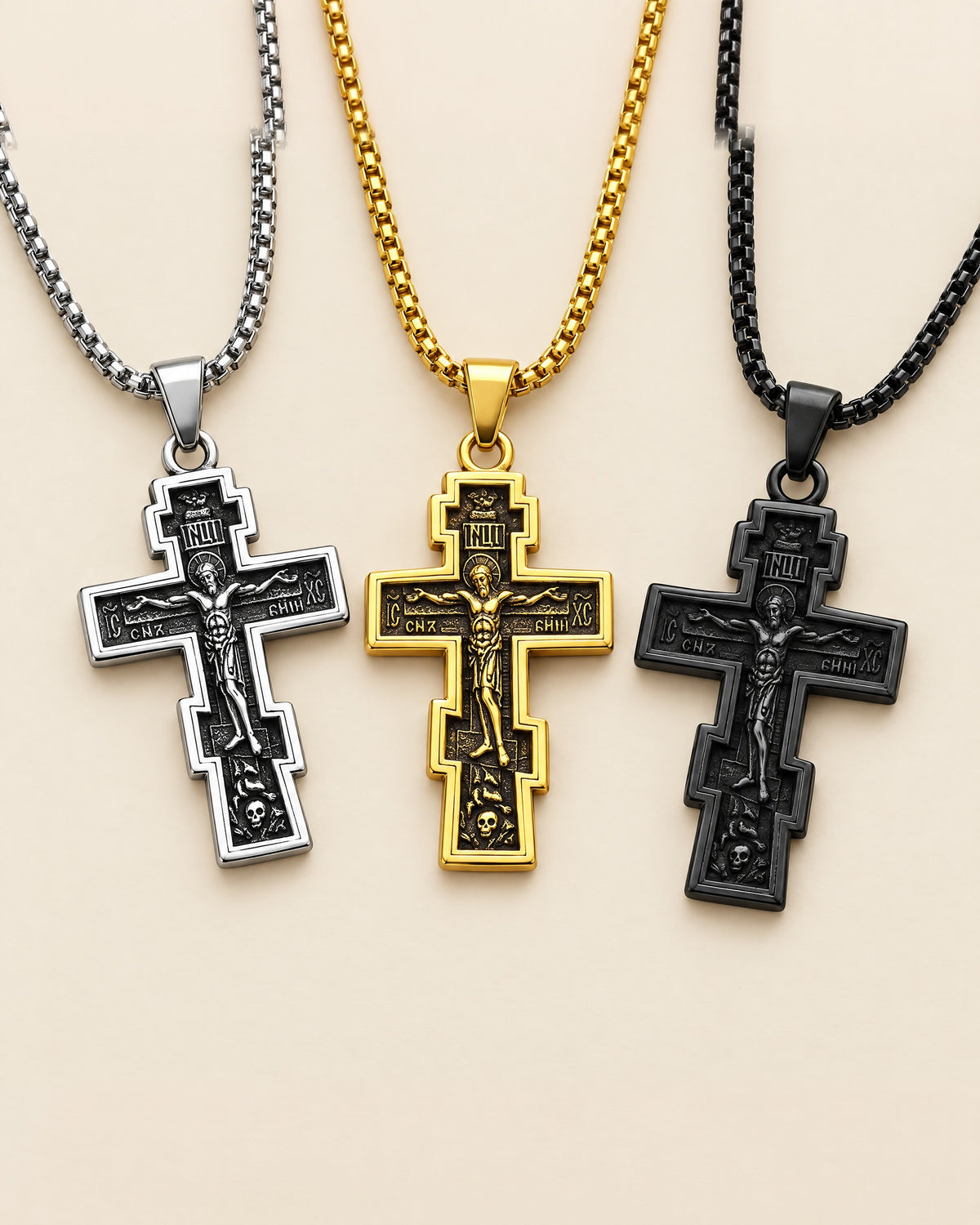 Stainless steel Orthodox cross necklace in silver, gold and black