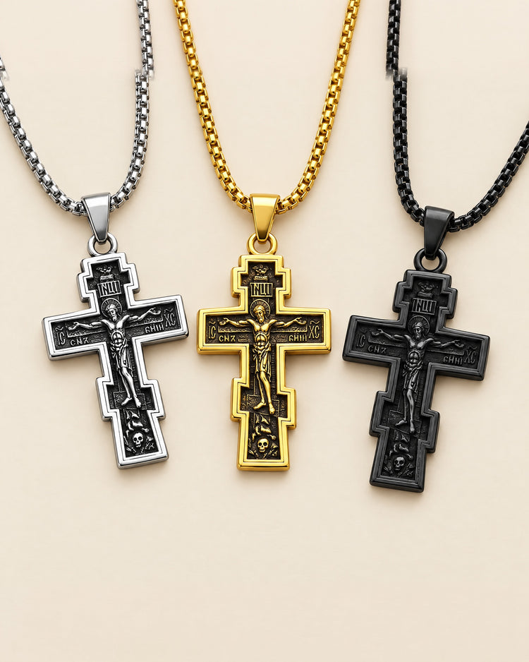 Stainless steel Orthodox cross necklace in silver, gold and black
