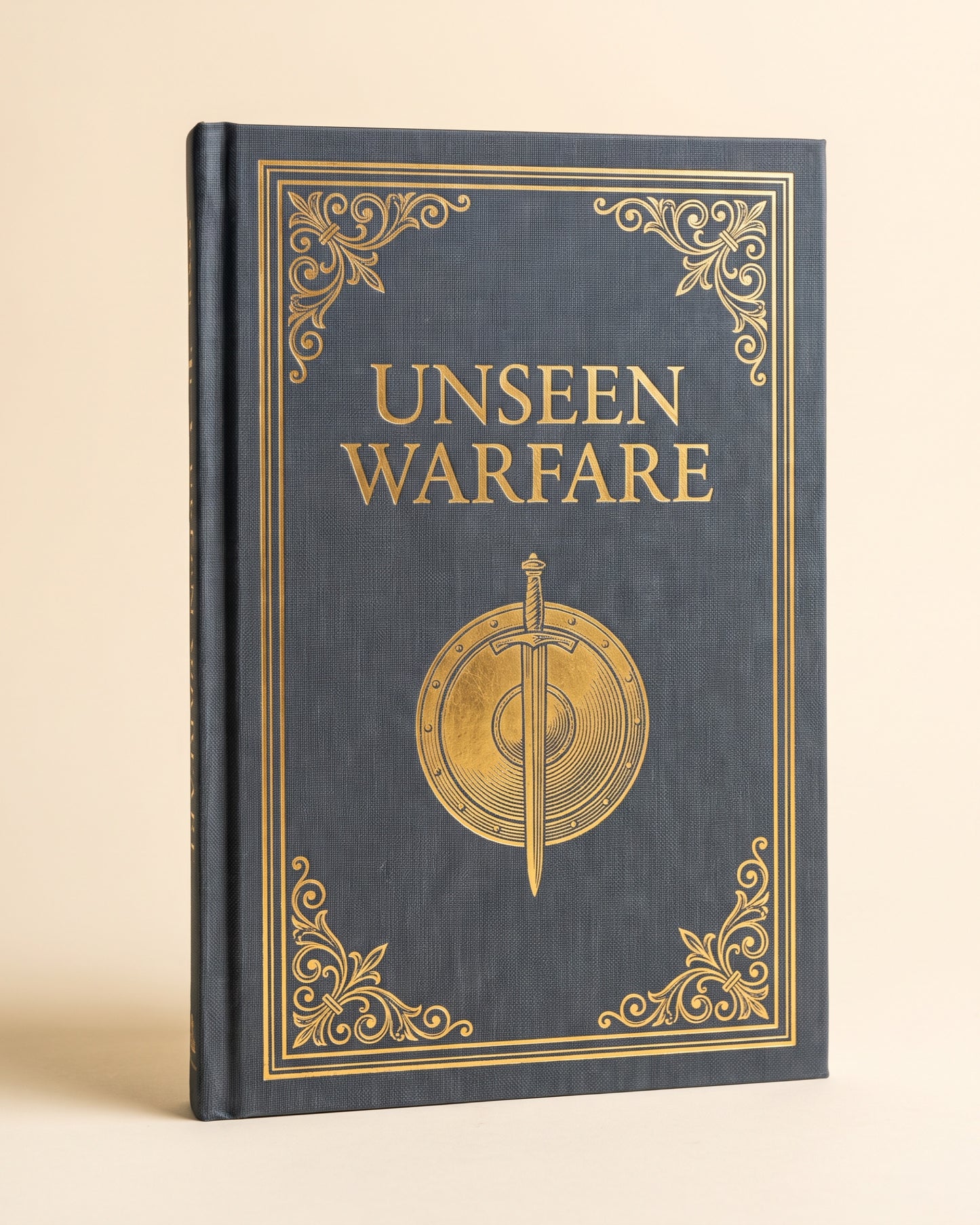 Unseen Warfare, slate blue cloth hardcover with gold foil shield and sword emblem
