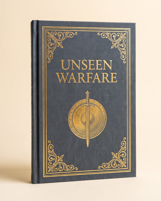Unseen Warfare, slate blue cloth hardcover with gold foil shield and sword emblem