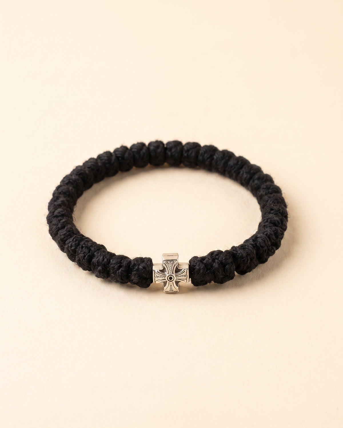 Orthodox prayer bracelet, black knotted cord with silver cross bead