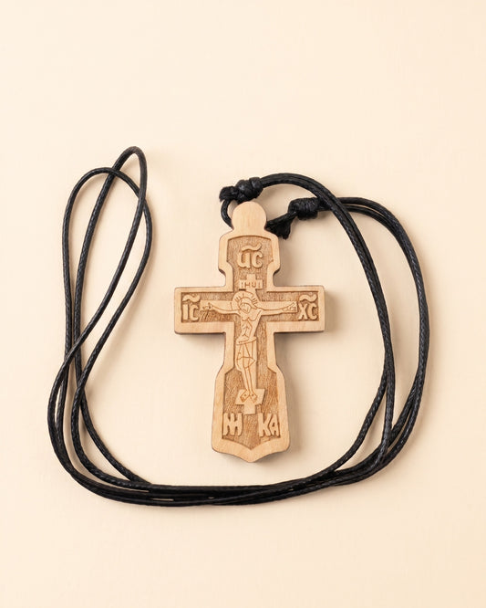 Orthodox wooden cross necklace, carved maple pendant on black cord