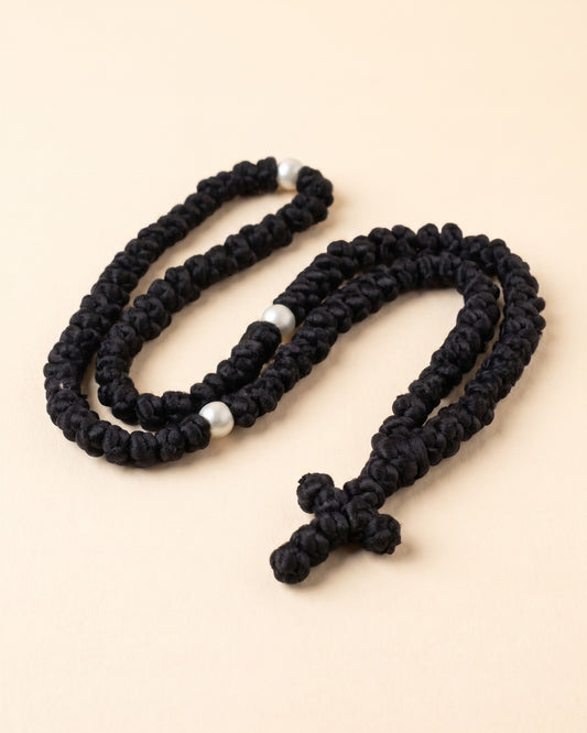 Orthodox prayer rope, 100 knots, black woven cord with knotted cross