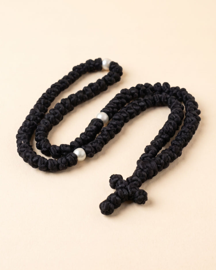 Orthodox prayer rope, 100 knots, black woven cord with knotted cross