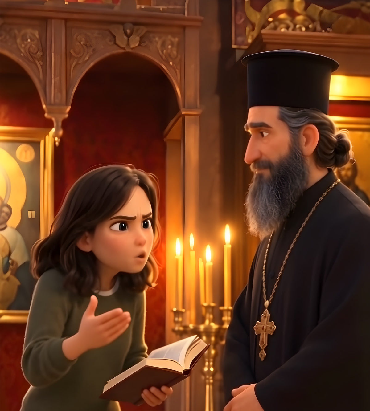 She argues with the priest, Bible in hand