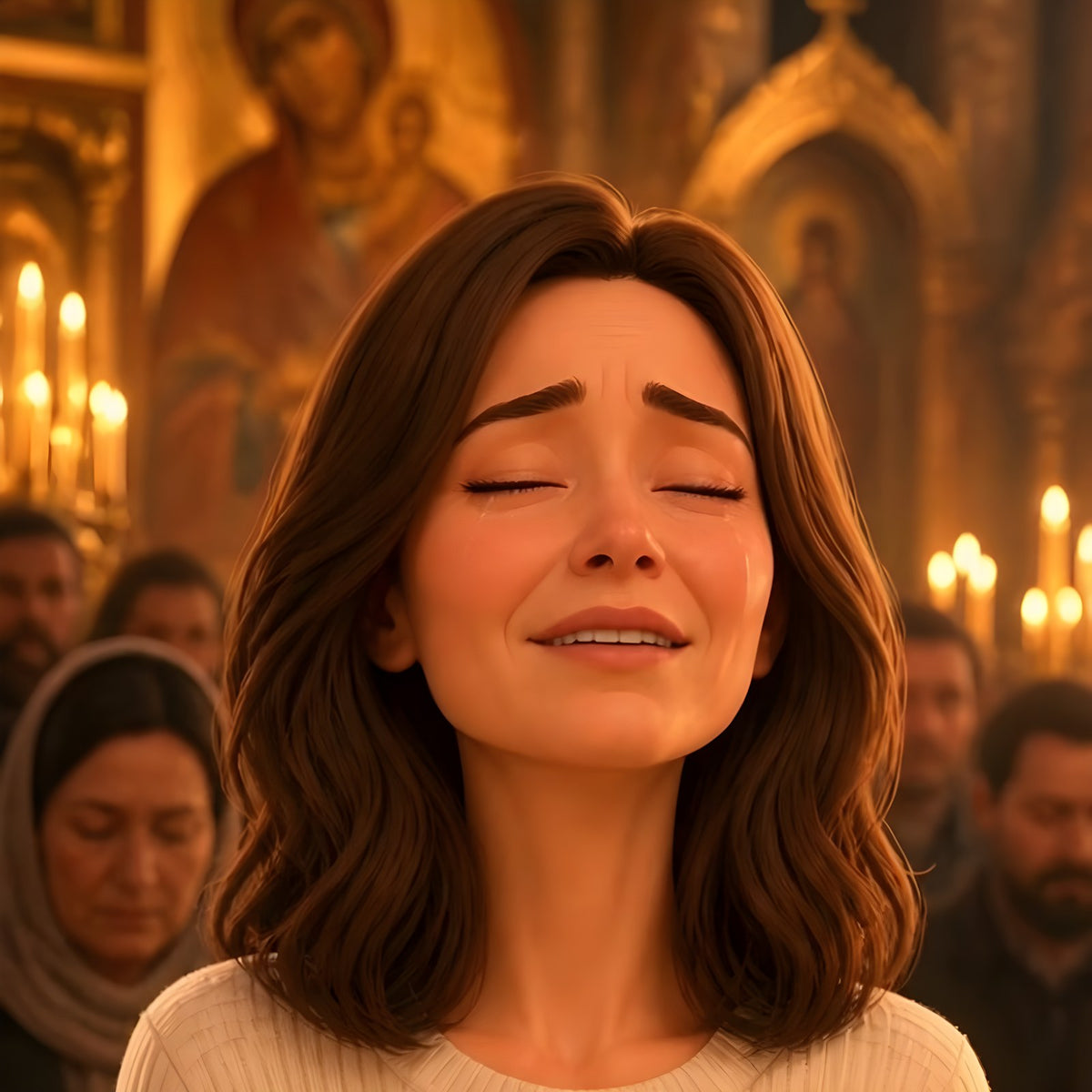 Her, eyes closed, in church