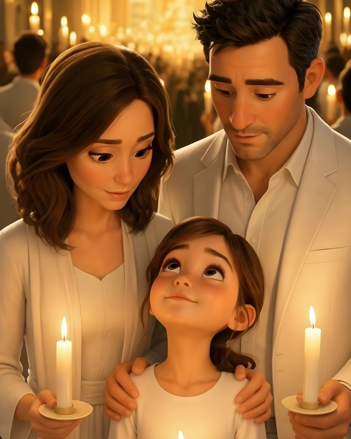 Mother, father and daughter holding Easter candles