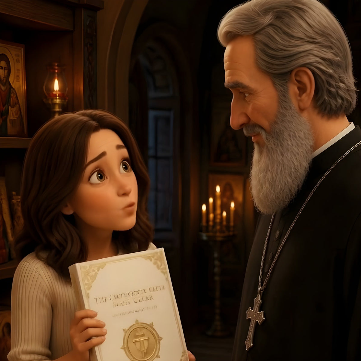 A priest handing her the book