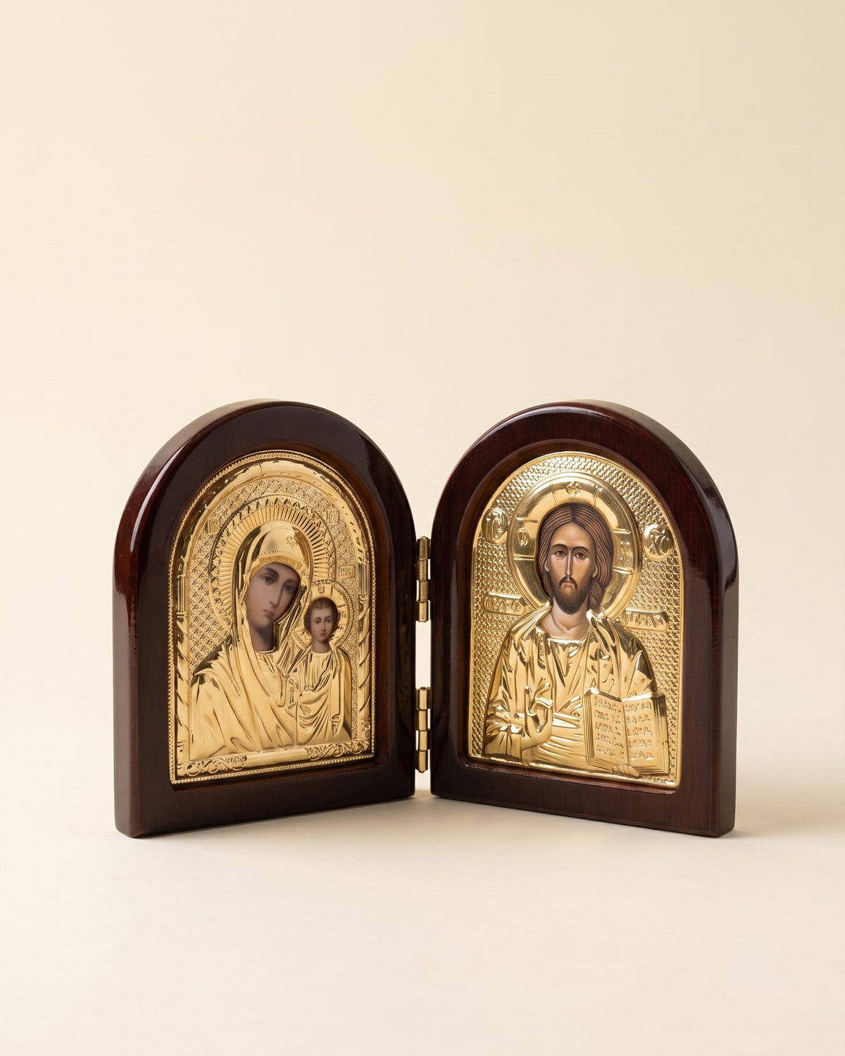 Folding icon diptych standing open, the Theotokos and Christ Pantocrator