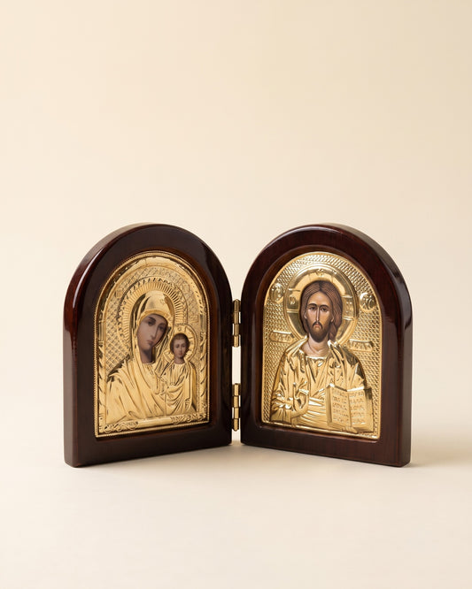 Folding icon diptych standing open, the Theotokos and Christ Pantocrator