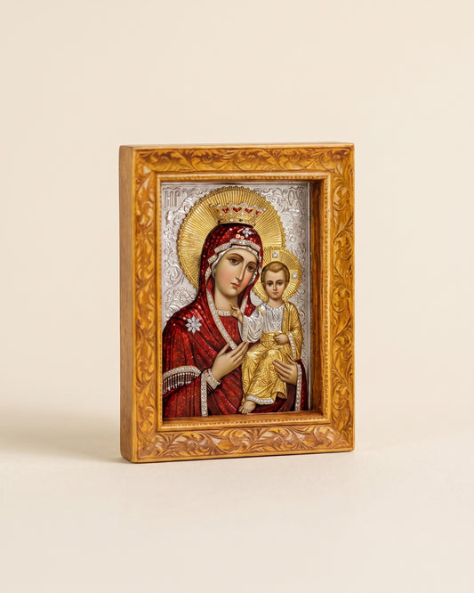 Mini framed icon of the Theotokos in a carved gold toned frame